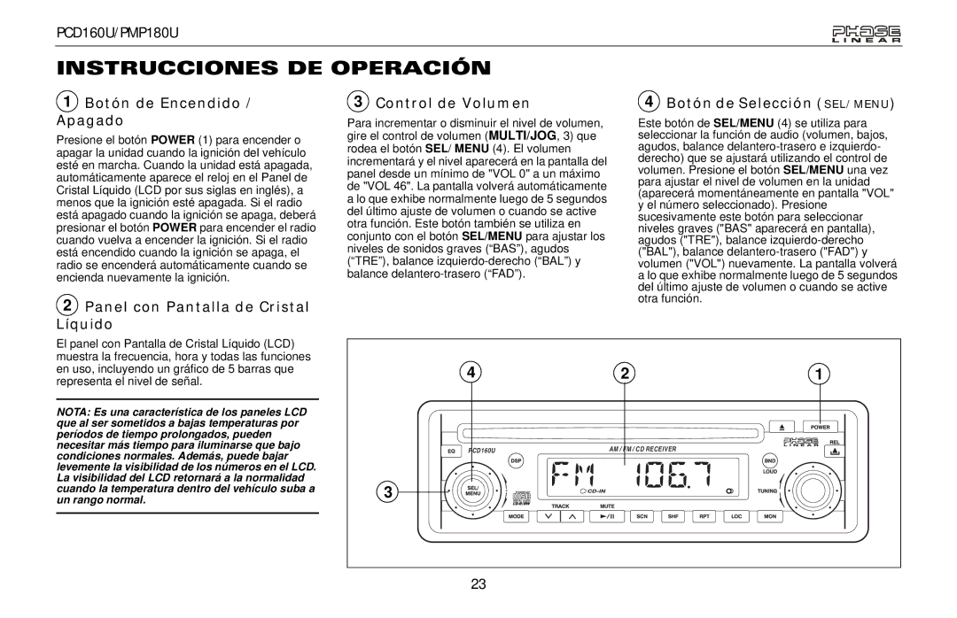 Audiovox PCD160U, PMP180U owner manual Instrucciones DE Operación, Botón de Encendido / Apagado, Botón de Selección SEL/MENU 