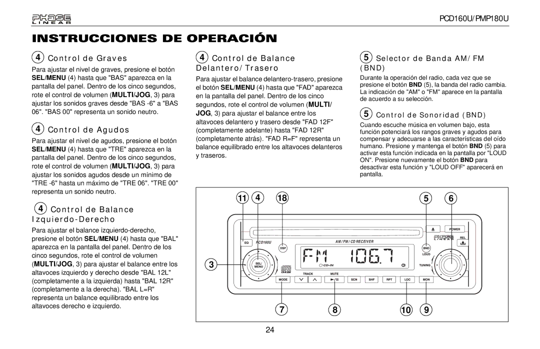 Audiovox PMP180U, PCD160U owner manual Control de Graves, Control de Agudos, Control de Balance Delantero/Trasero 