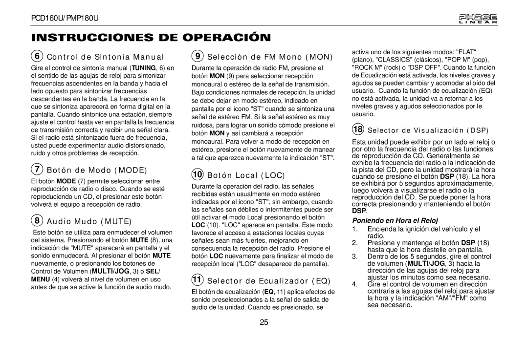 Audiovox PCD160U, PMP180U Control de Sintonía Manual, Selección de FM Mono MON, Botón de Modo Mode, Audio Mudo Mute 