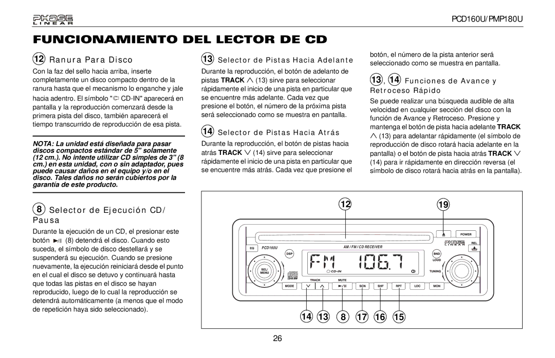 Audiovox PMP180U, PCD160U owner manual Funcionamiento DEL Lector DE CD, Ranura Para Disco, Selector de Ejecución CD/ Pausa 