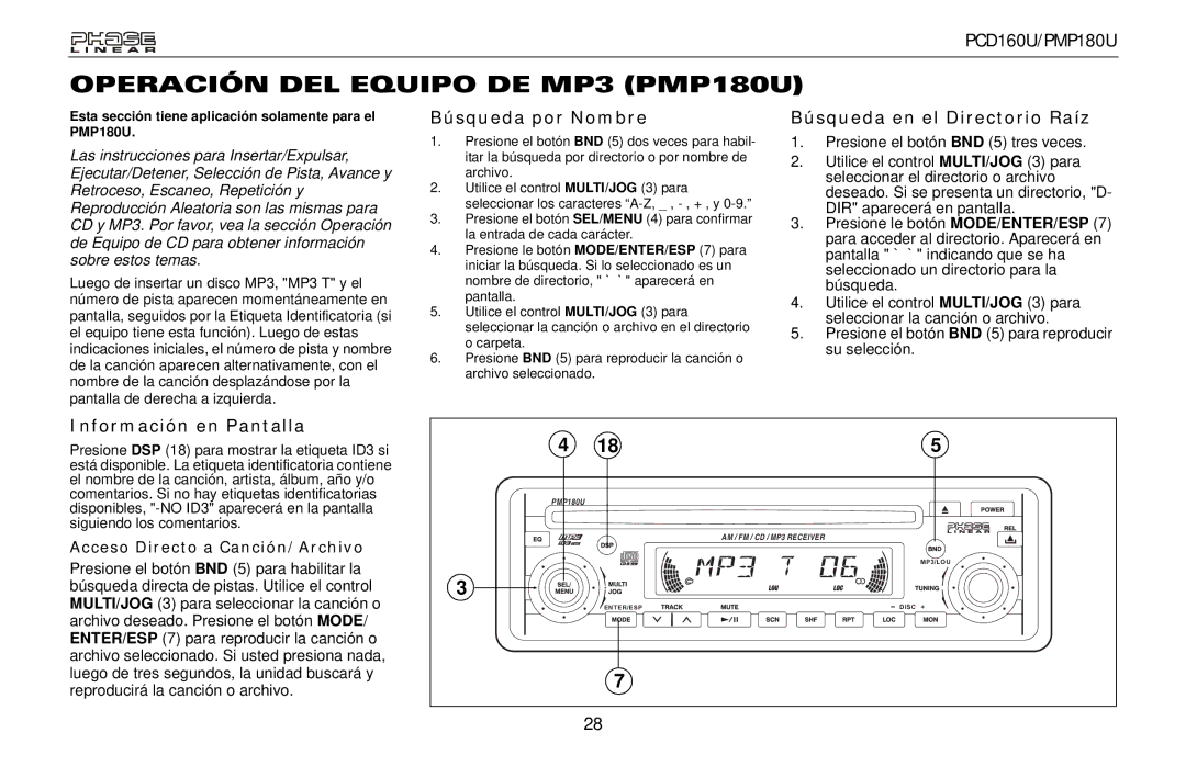 Audiovox PCD160U owner manual Operación DEL Equipo DE MP3 PMP180U, Búsqueda por Nombre, Búsqueda en el Directorio Raíz 