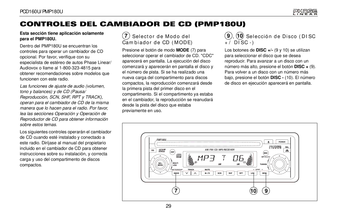 Audiovox PCD160U owner manual Controles DEL Cambiador DE CD PMP180U, Selector de Modo del Cambiador de CD Mode 