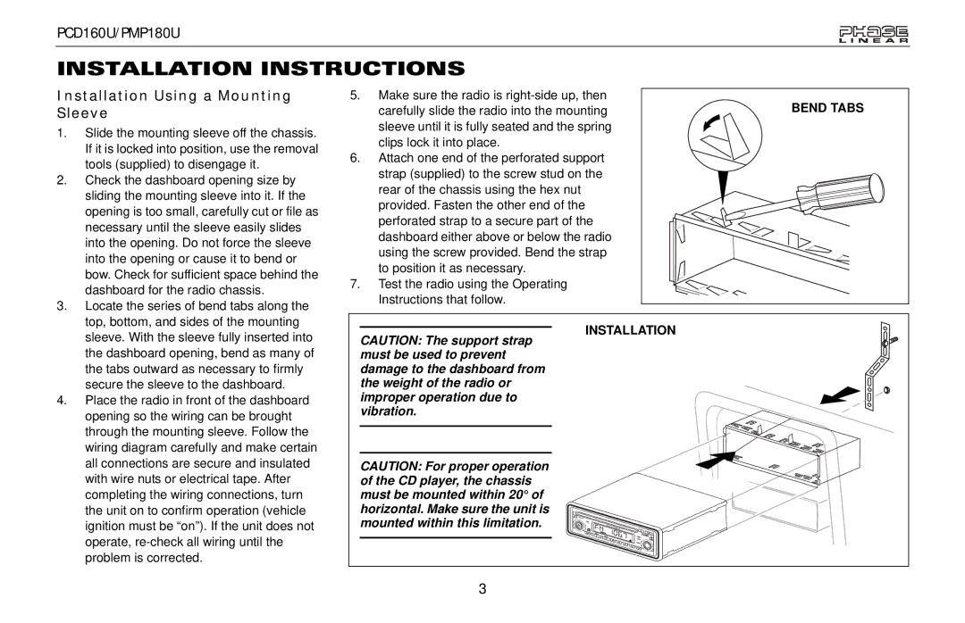 Audiovox PCD160U, PMP180U owner manual Installation Instructions, Installation Using a Mounting Sleeve 