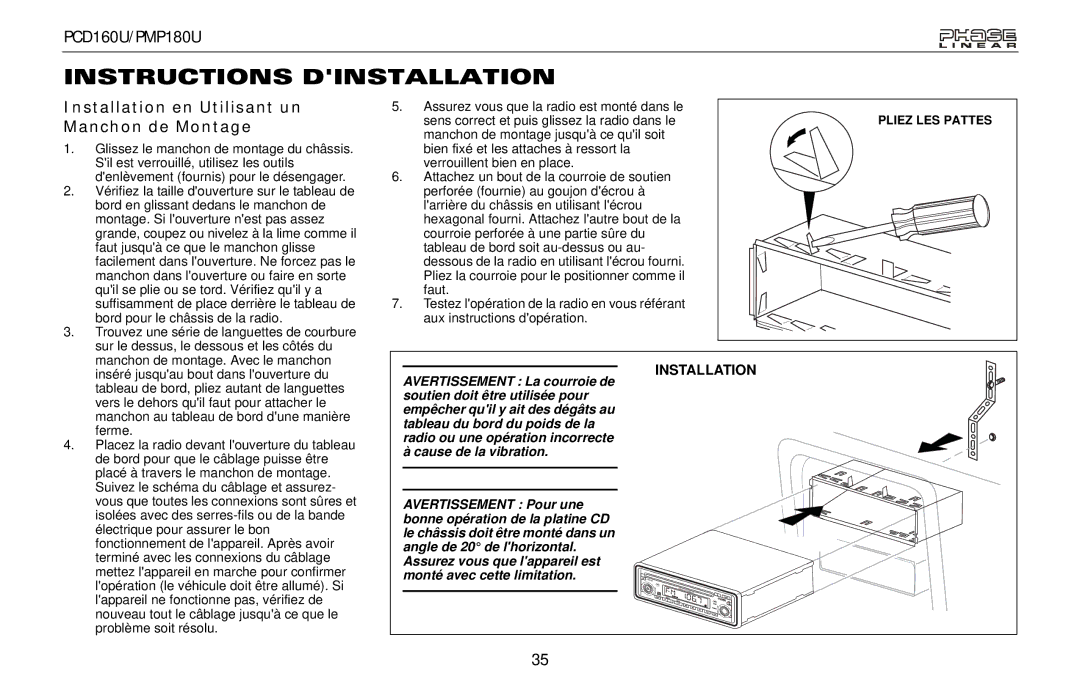 Audiovox PCD160U, PMP180U owner manual Instructions Dinstallation, Installation en Utilisant un Manchon de Montage 