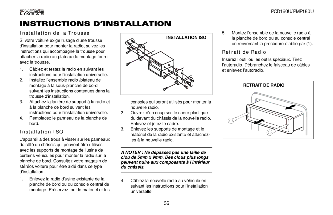 Audiovox PMP180U, PCD160U Instructions D’INSTALLATION, Installation de la Trousse, Installation ISO, Retrait de Radio 