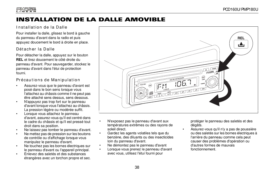 Audiovox PMP180U, PCD160U owner manual Installation DE LA Dalle Amovible, Installation de la Dalle, Détacher la Dalle 