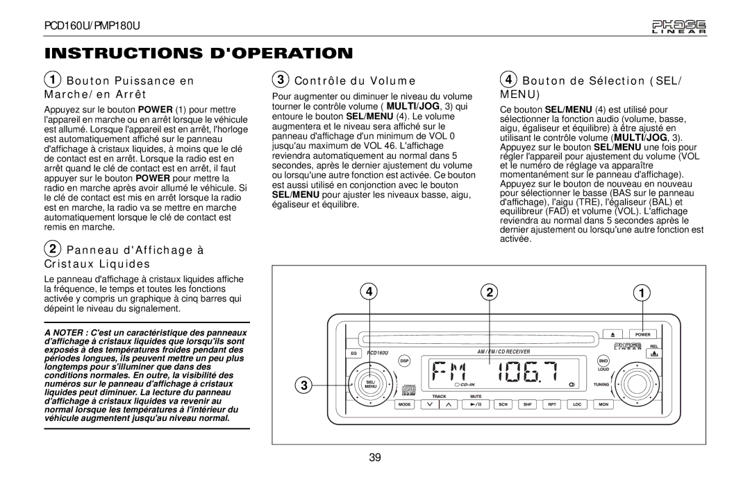 Audiovox PCD160U, PMP180U owner manual Instructions Doperation, Bouton Puissance en Marche/en Arrêt, Contrôle du Volume 