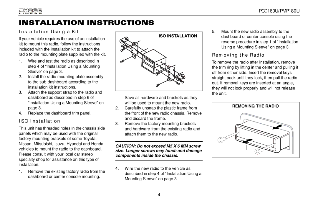 Audiovox PMP180U, PCD160U owner manual Installation Using a Kit, ISO Installation, Removing the Radio 