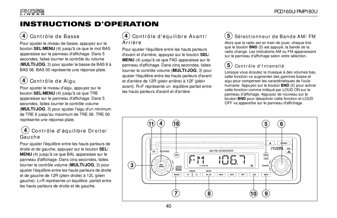 Audiovox PMP180U, PCD160U owner manual Contrôle de Basse, Contrôle de Aigu, Contrôle déquilibre Avant/ Arrière 