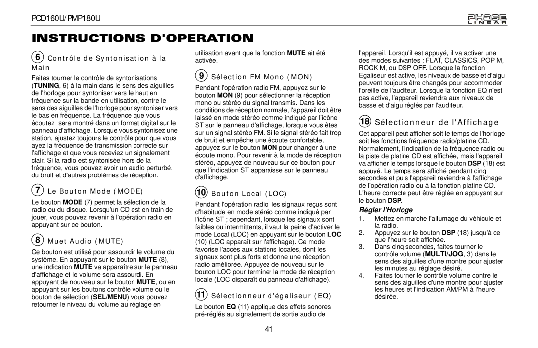 Audiovox PCD160U, PMP180U owner manual 18 Sélectionneur de lAffichage 