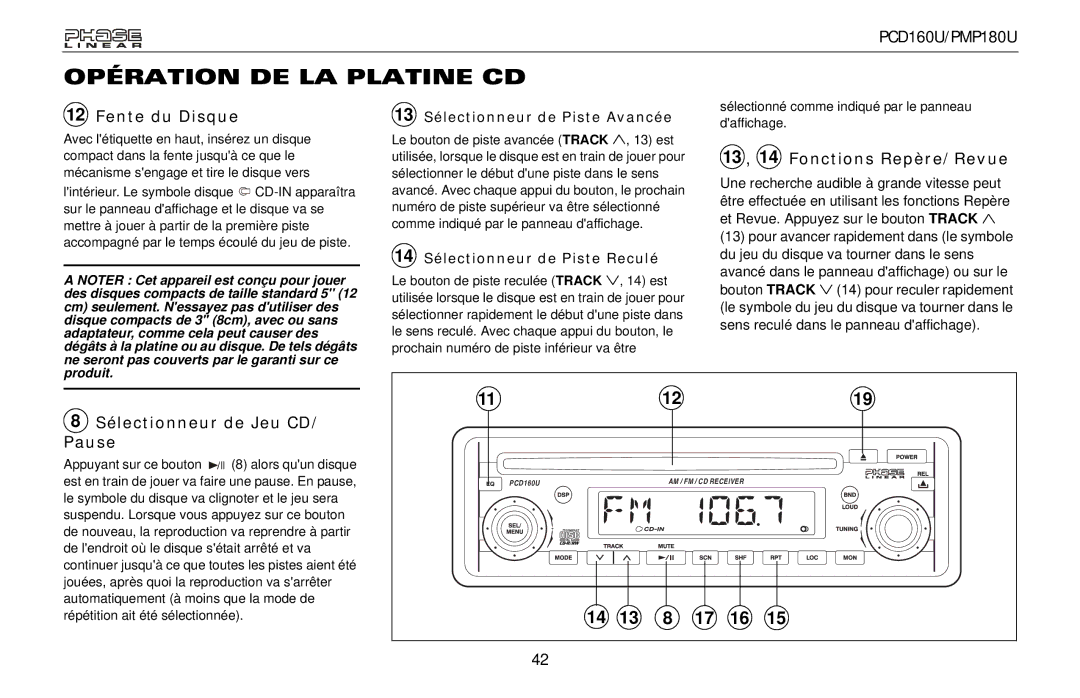 Audiovox PMP180U, PCD160U owner manual Opération DE LA Platine CD, Fente du Disque, 13 , 14 Fonctions Repère/Revue 