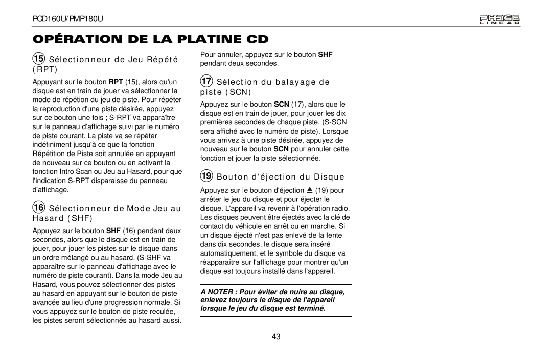 Audiovox PCD160U, PMP180U owner manual 15 Sélectionneur de Jeu Répété RPT, 16 Sélectionneur de Mode Jeu au Hasard SHF 