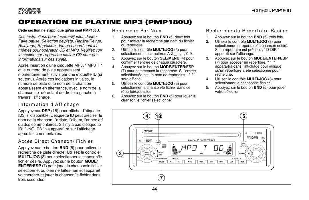 Audiovox Operation DE Platine MP3 PMP180U, Information dAffichage Recherche Par Nom, Recherche du Répertoire Racine 