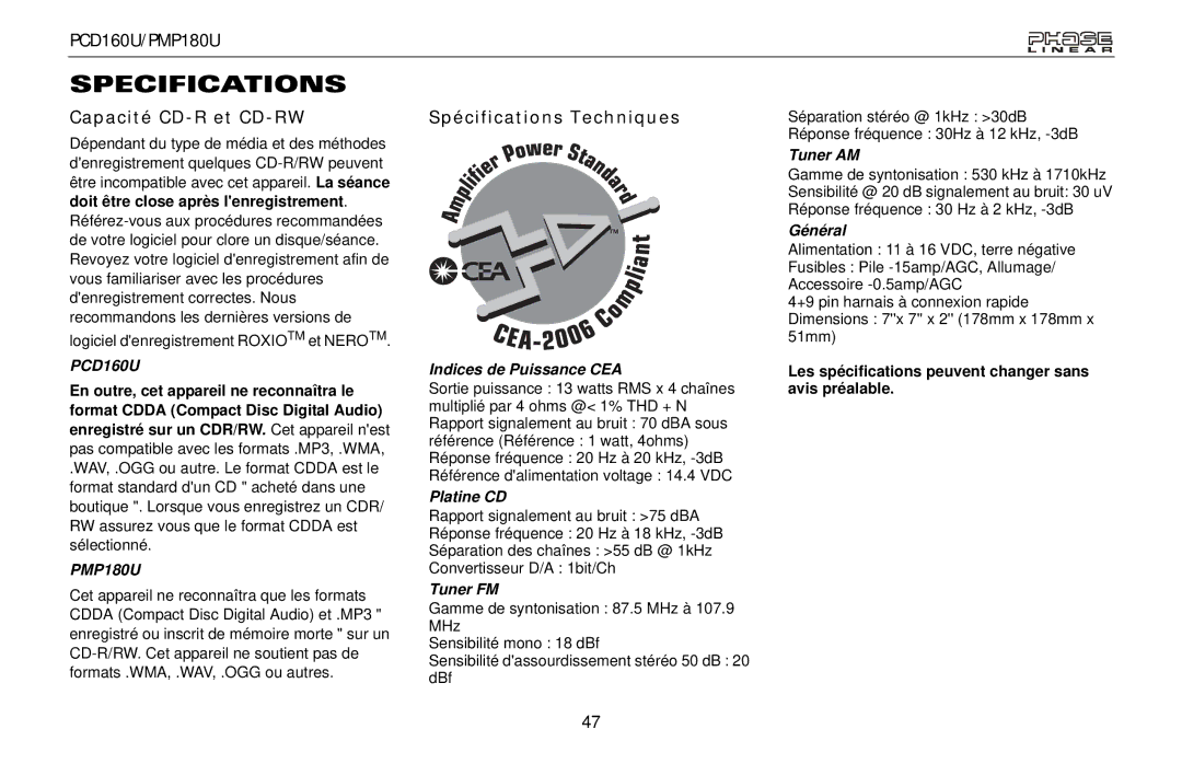 Audiovox PCD160U, PMP180U owner manual Capacité CD-R et CD-RW, Spécifications Techniques 