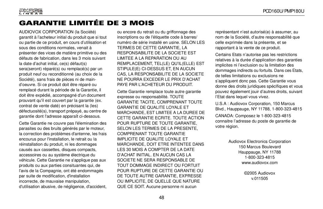 Audiovox PMP180U, PCD160U owner manual Garantie Limitée DE 3 Mois 