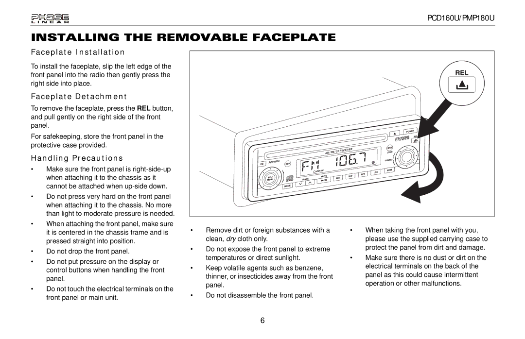 Audiovox PMP180U Installing the Removable Faceplate, Faceplate Installation, Faceplate Detachment, Handling Precautions 