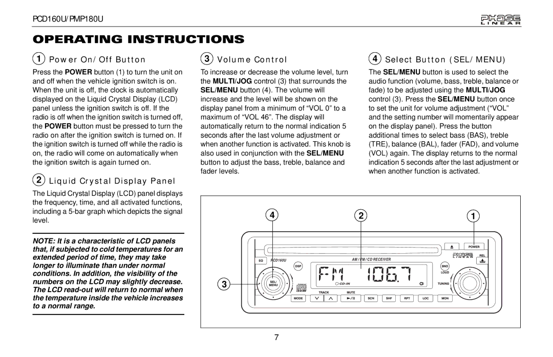 Audiovox PCD160U, PMP180U owner manual Operating Instructions, Power On/Off Button Volume Control Select Button SEL/MENU 