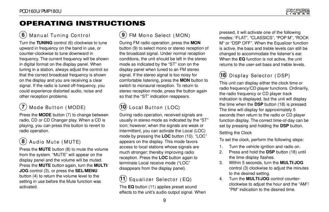 Audiovox PCD160U Manual Tuning Control FM Mono Select MON, Display Selector DSP, Mode Button Mode, Audio Mute Mute 