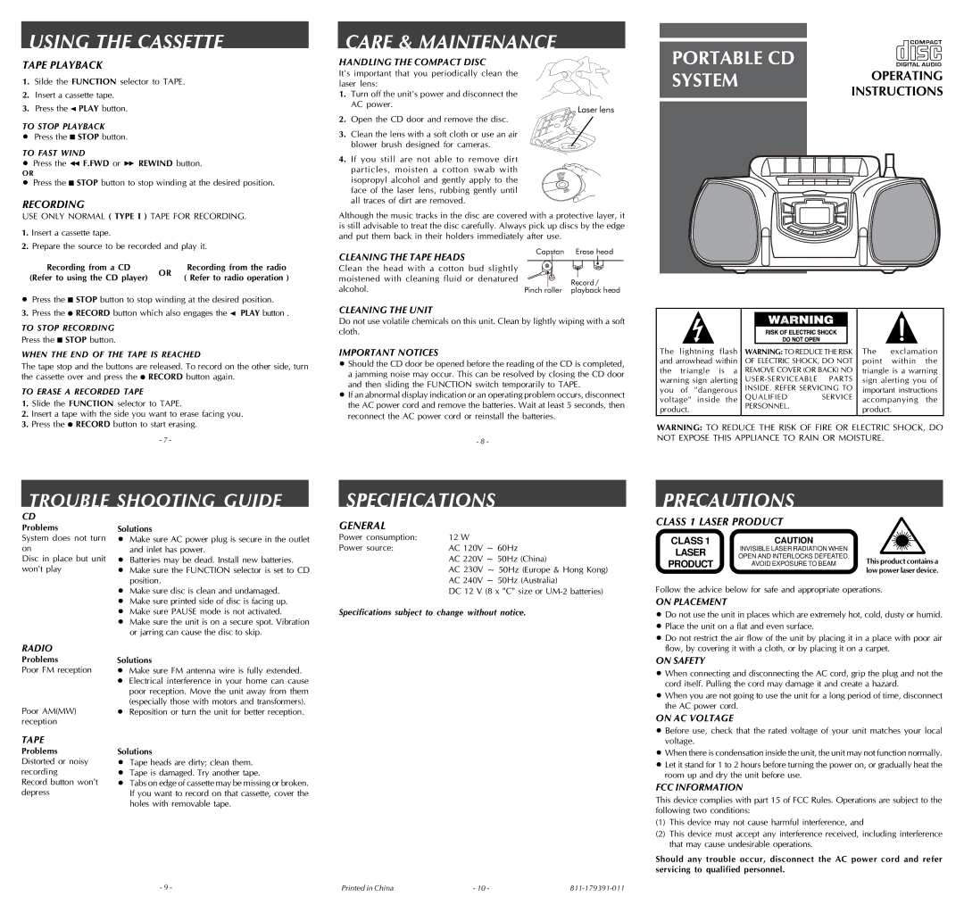 Audiovox Portable CD System specifications Using the Cassette, Care & Maintenance, Specifications Precautions 