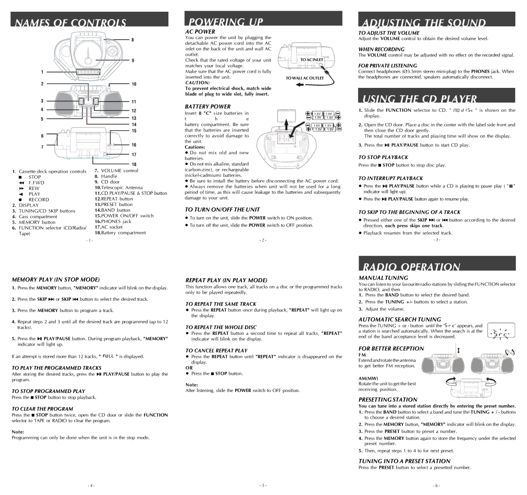 Audiovox Portable CD System Names of Controls Powering UP, Adiustingj the Sound, Using the CD Player, Radio Operation 