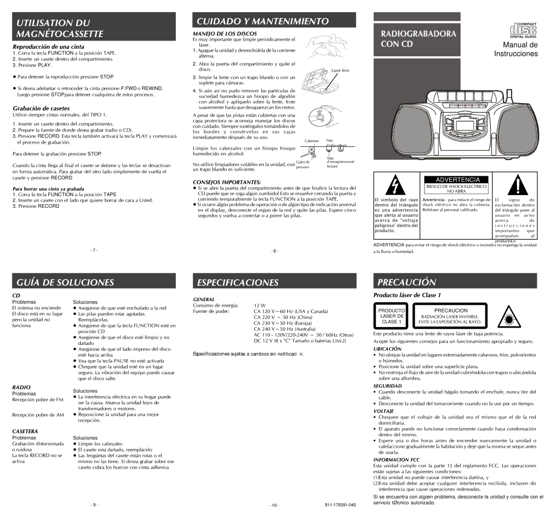 Audiovox Portable CD System Utilisation DU Magnétocassette, Guía DE Soluciones Cuidado Y Mantenimiento, Especificaciones 