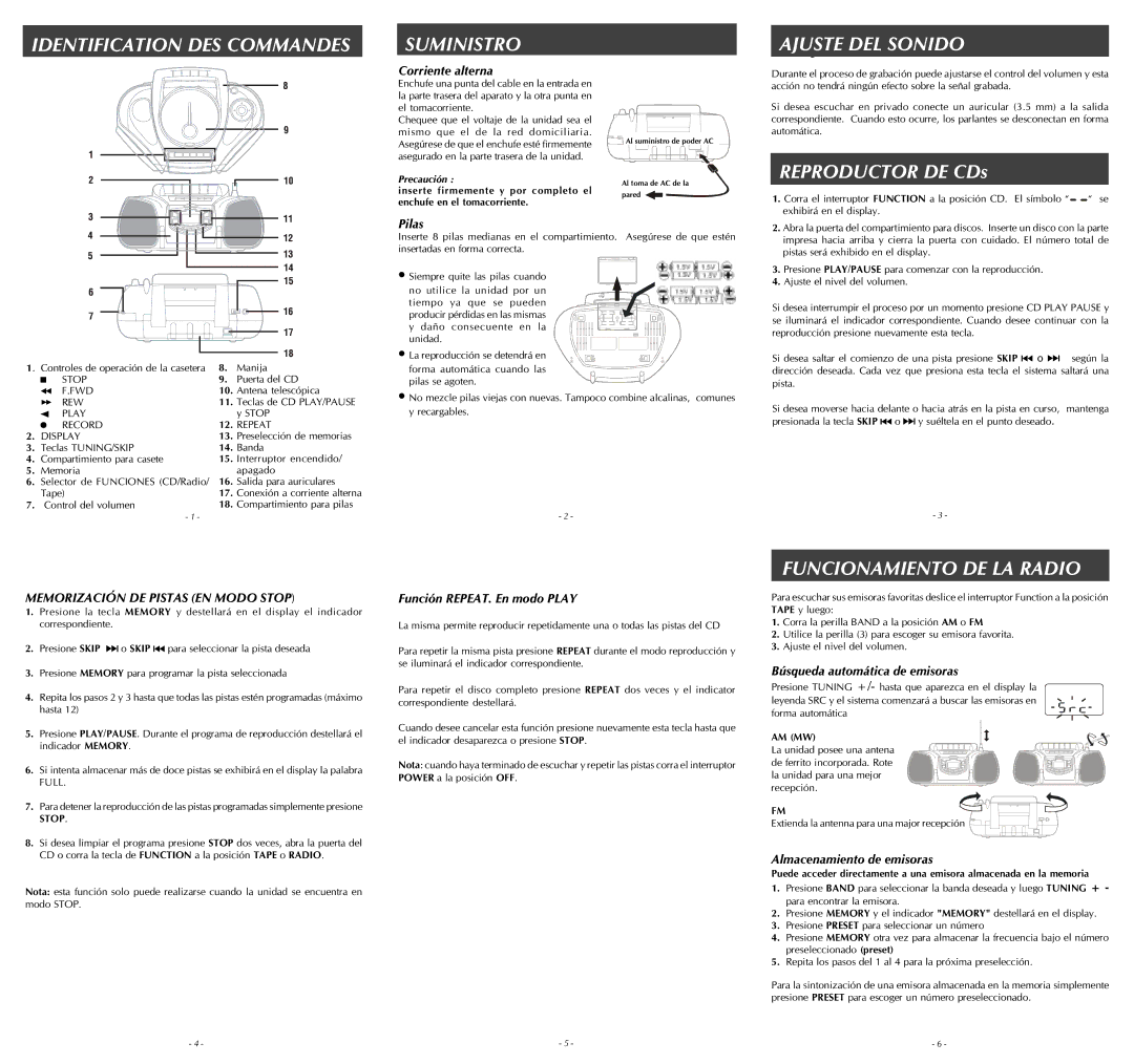 Audiovox Portable CD System Identification DES Commandes Suministro, Ajustej DEL Sonido, Funcionamiento DE LA Radio 