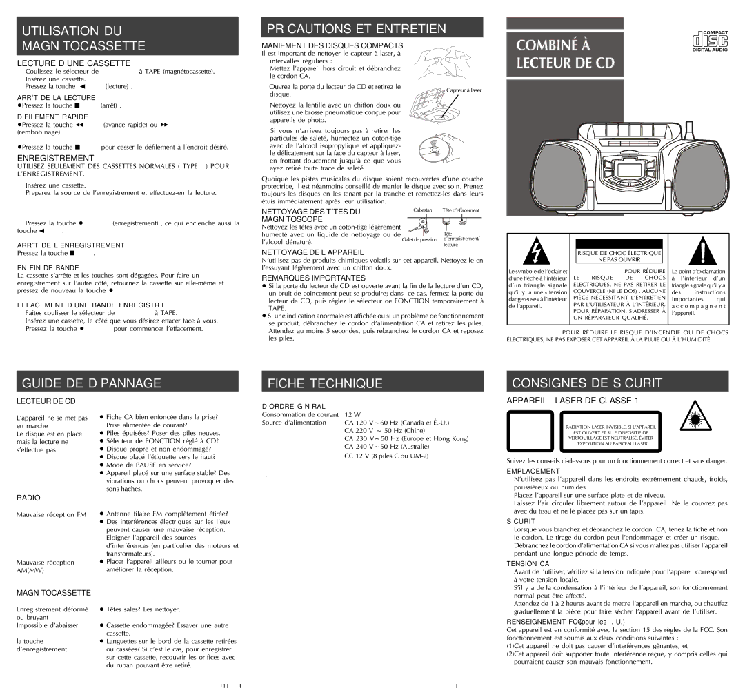 Audiovox Portable CD System Précautions ET Entretien, Guide DE Dépannage Fiche Technique Consignes DE Sécurité 