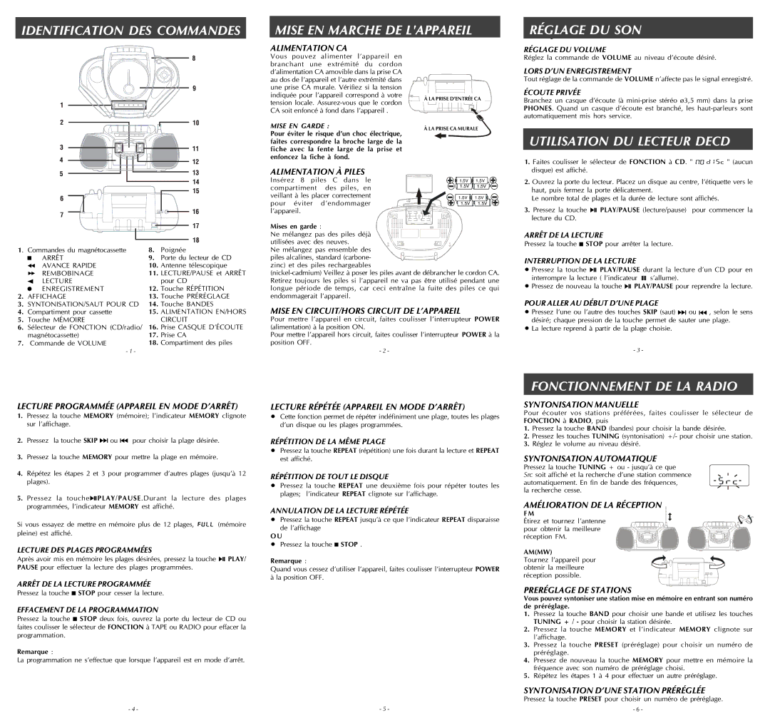 Audiovox Portable CD System specifications Identification DES Commandes, Mise EN Marche DE Lappareil, Réglagej DU SON 