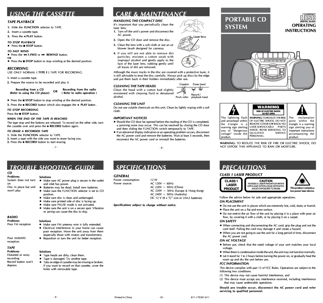 Audiovox Portable CD System specifications Using The Cassette, Care & Maintenance, Specifications, Precautions, Recording 