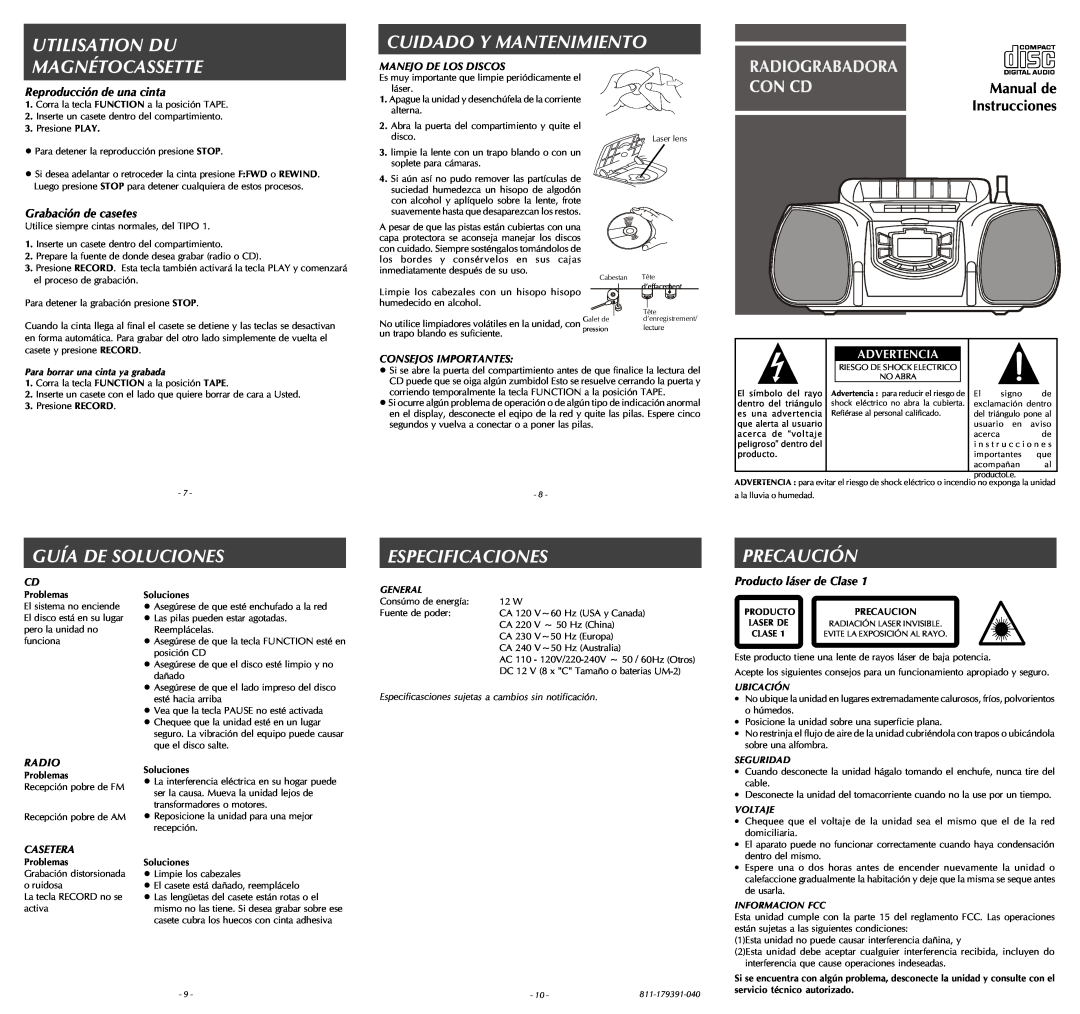 Audiovox Portable CD System Utilisation Du Magnétocassette, Guía De Soluciones, Cuidado Y Mantenimiento, Especificaciones 