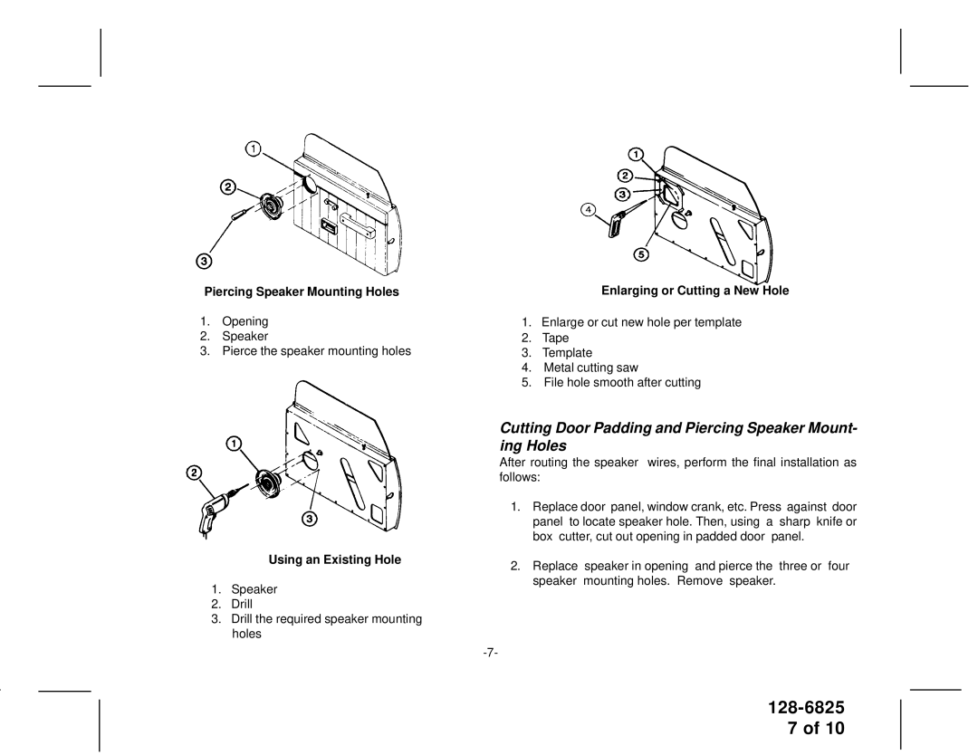 Audiovox 6.0 Inch owner manual Cutting Door Padding and Piercing Speaker Mount- ing Holes, Piercing Speaker Mounting Holes 