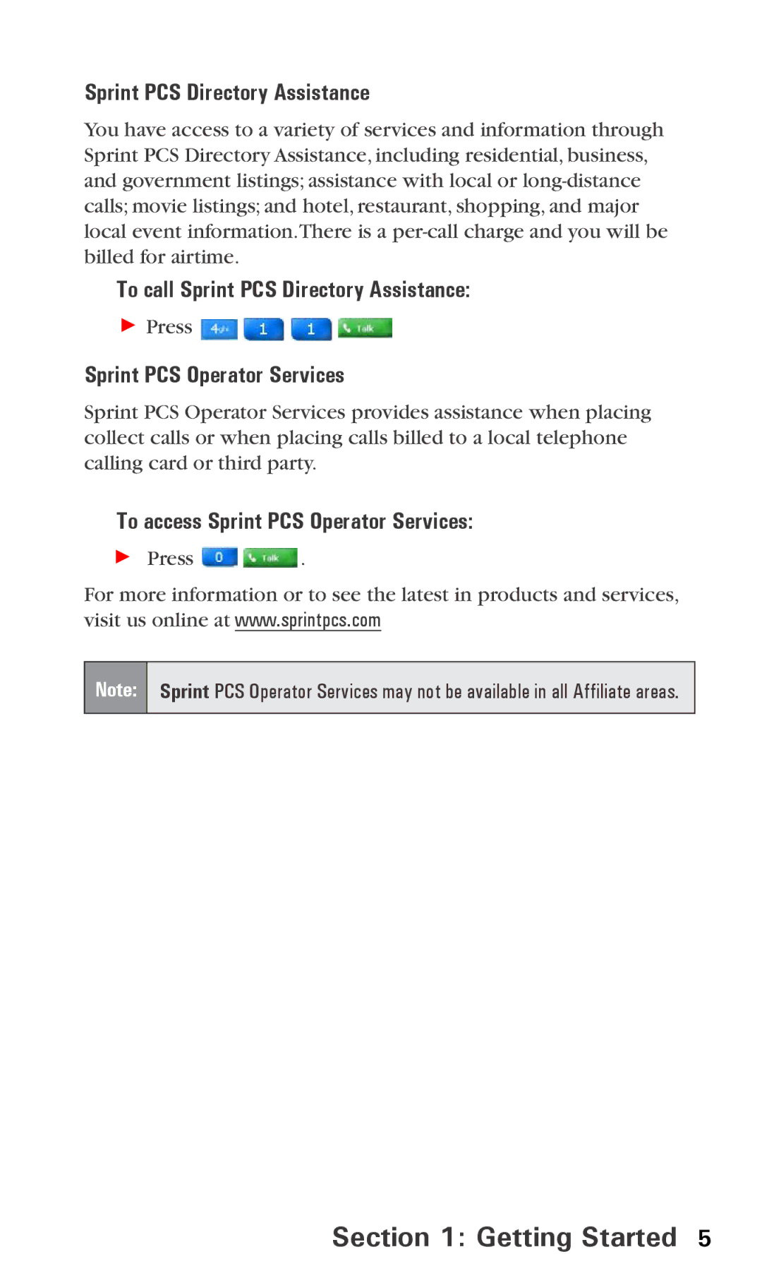 Audiovox PPC 6600 manual To call Sprint PCS Directory Assistance, Sprint PCS Operator Services 