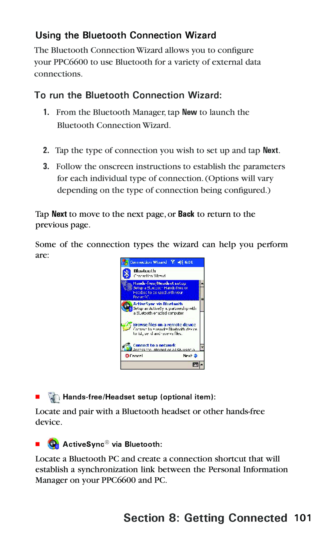 Audiovox PPC 6600 manual Using the Bluetooth Connection Wizard, To run the Bluetooth Connection Wizard 