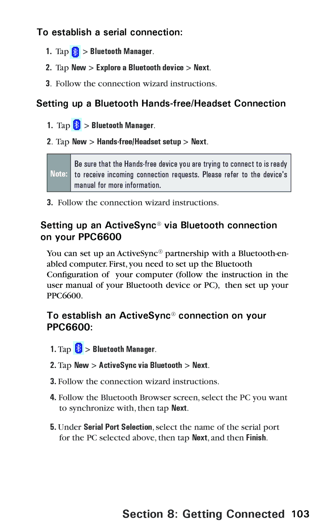 Audiovox PPC 6600 manual To establish a serial connection, Setting up a Bluetooth Hands-free/Headset Connection 