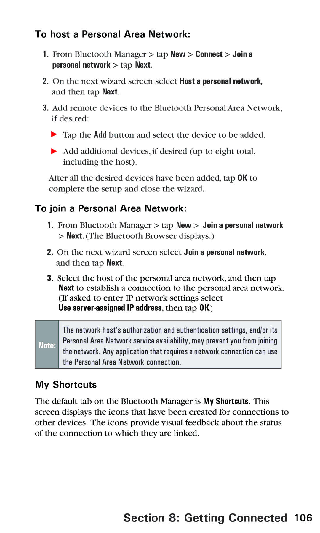 Audiovox PPC 6600 manual To host a Personal Area Network, To join a Personal Area Network, My Shortcuts 