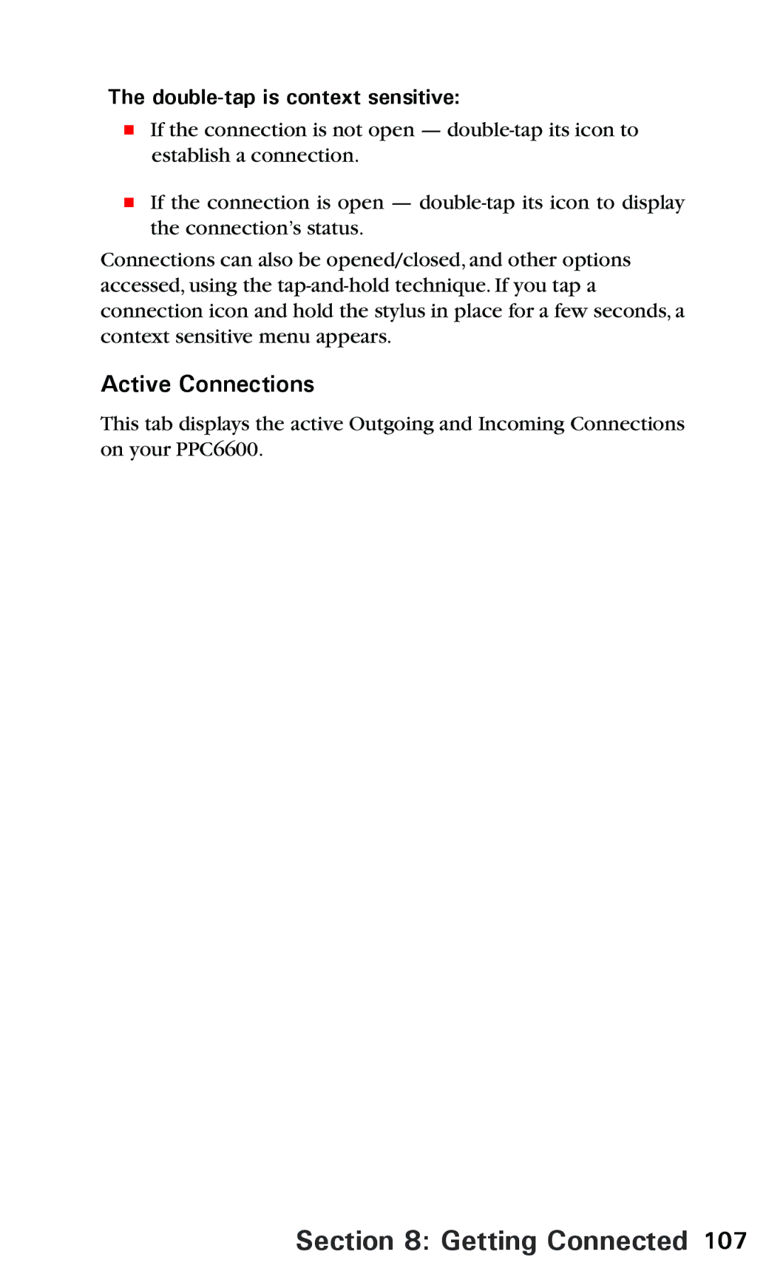 Audiovox PPC 6600 manual Active Connections, Double-tap is context sensitive 