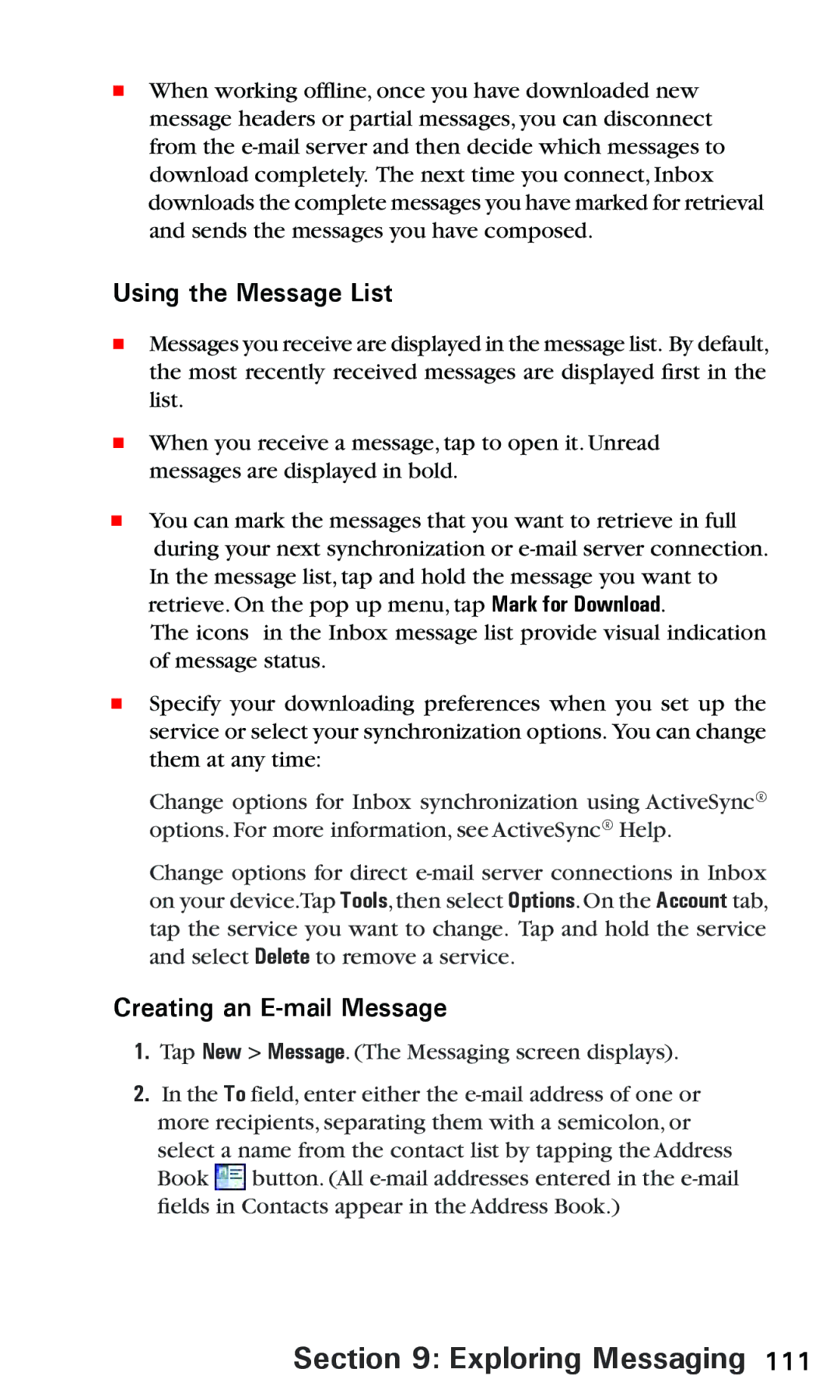 Audiovox PPC 6600 manual Using the Message List, Creating an E-mail Message 