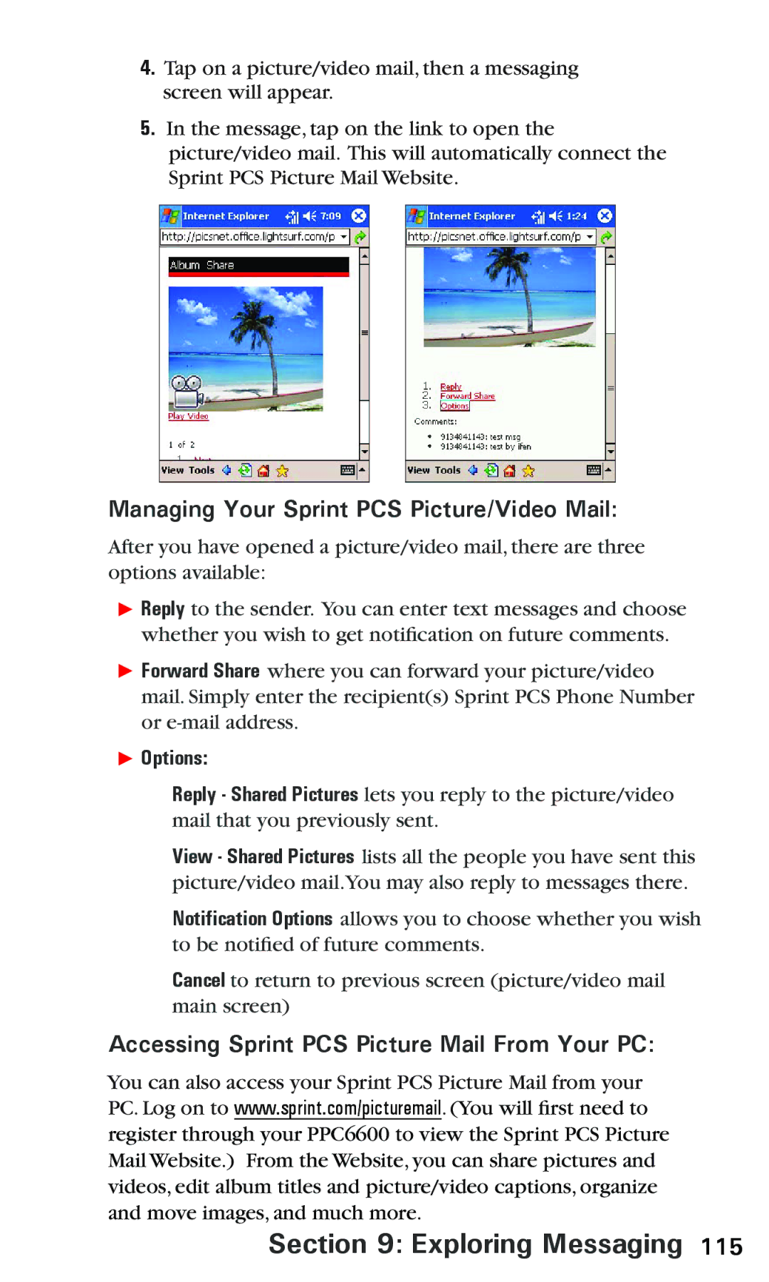 Audiovox PPC 6600 Managing Your Sprint PCS Picture/Video Mail, Accessing Sprint PCS Picture Mail From Your PC,  Options 