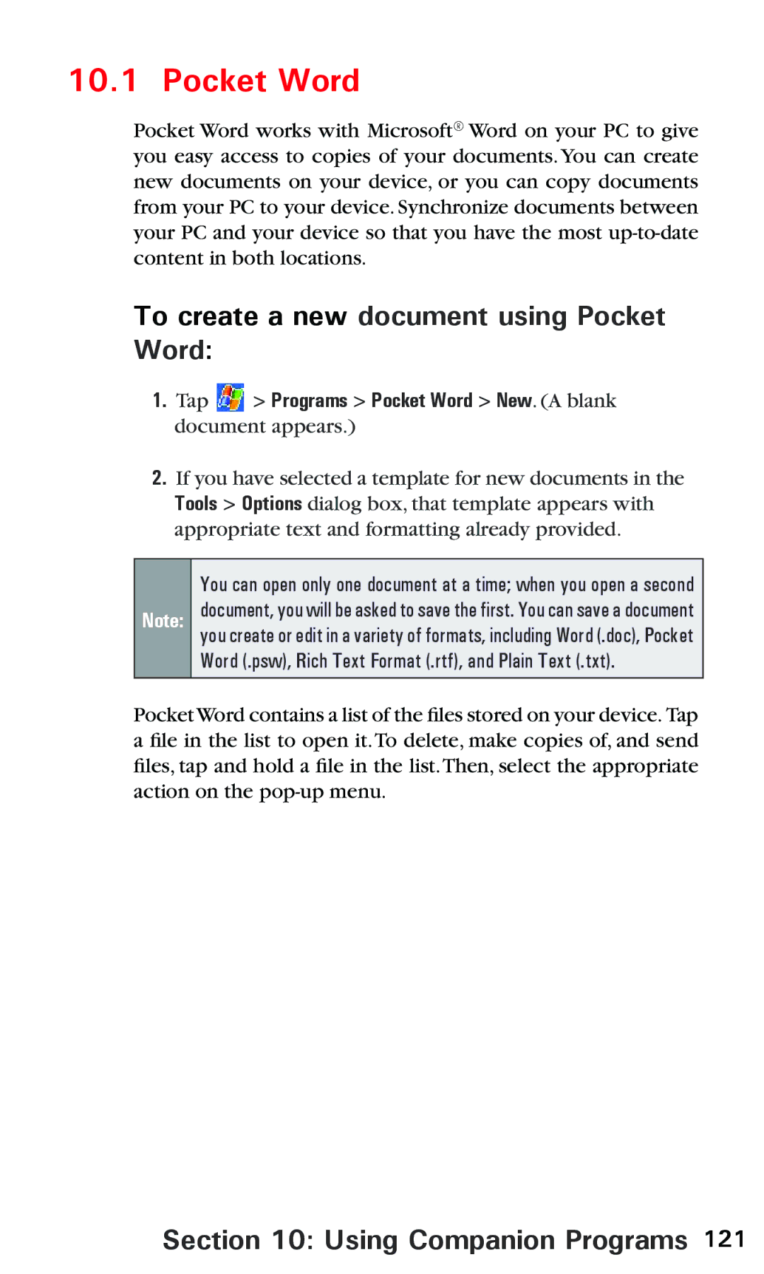 Audiovox PPC 6600 manual To create a new document using Pocket Word, Using Companion Programs 