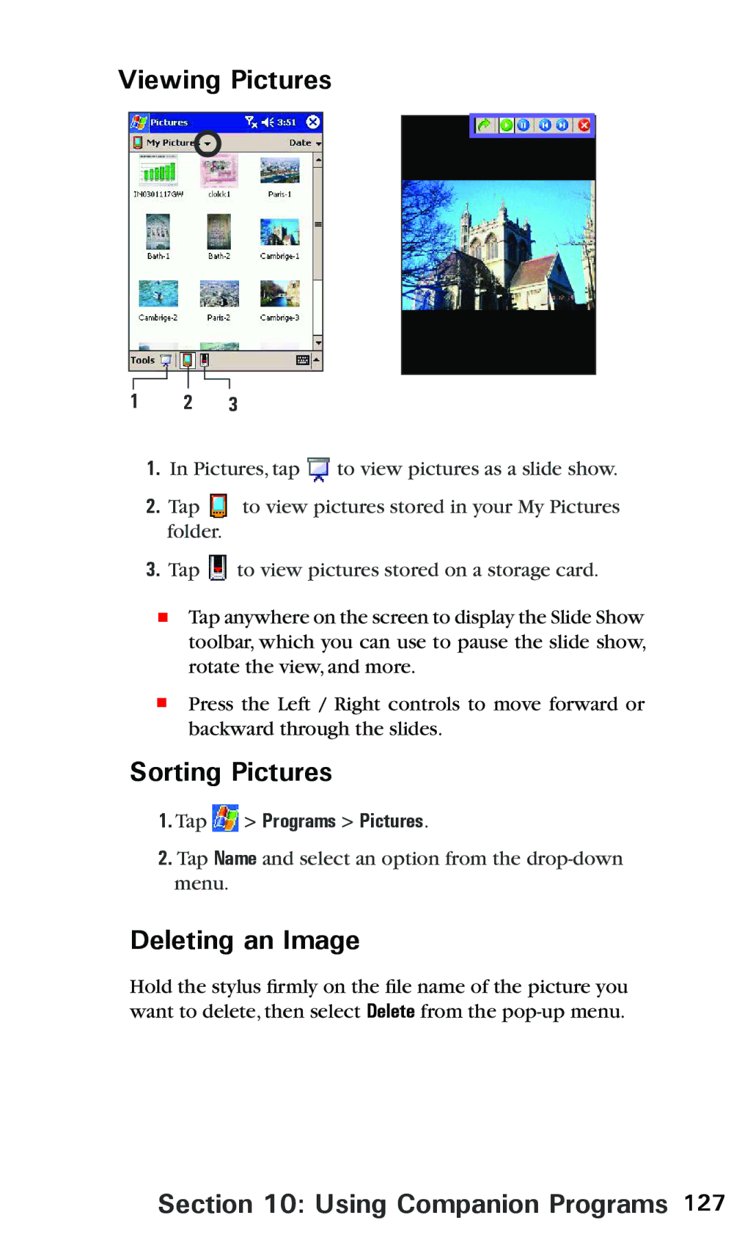 Audiovox PPC 6600 manual Viewing Pictures, Sorting Pictures, Deleting an Image 