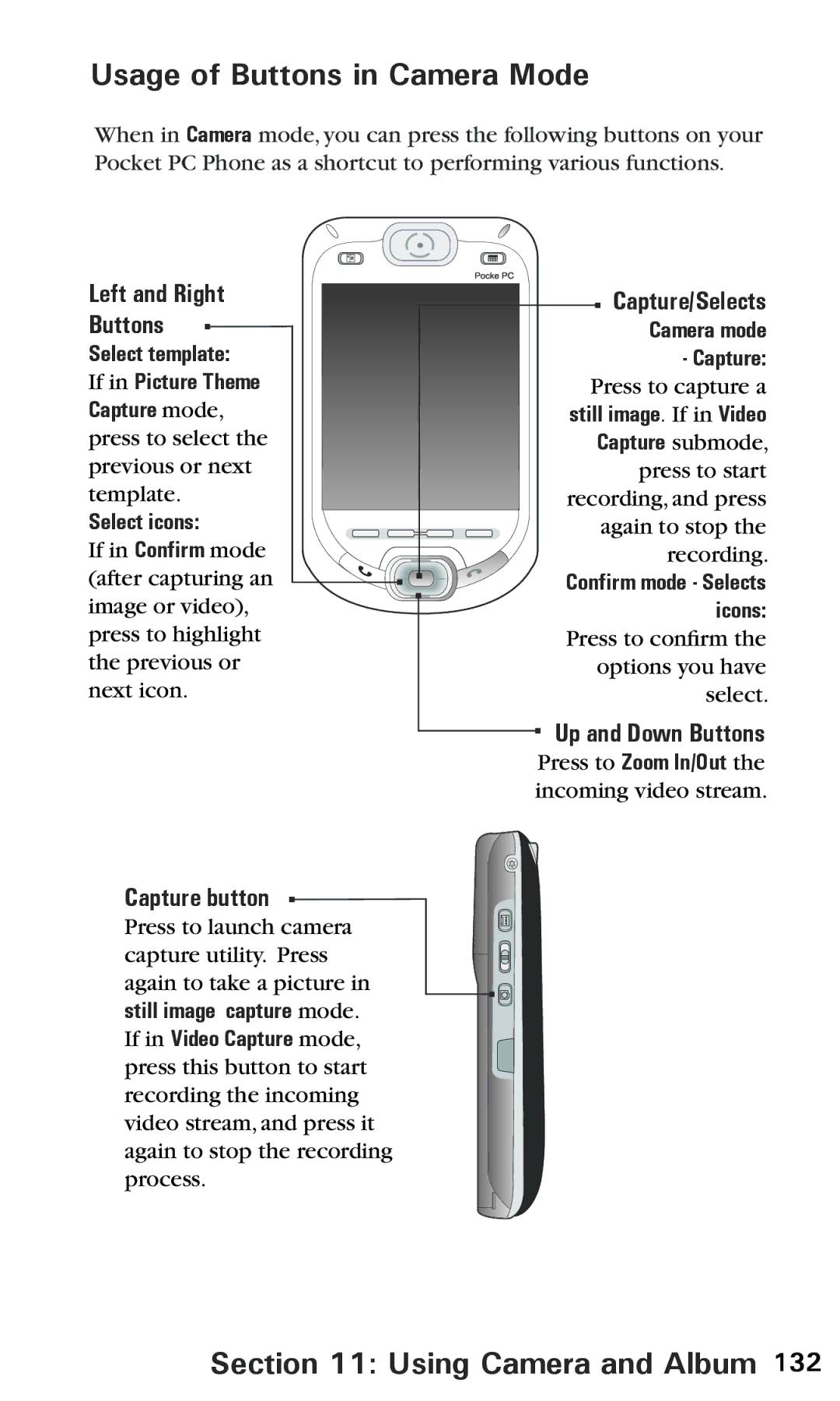 Audiovox PPC 6600 manual Usage of Buttons in Camera Mode, Left and Right Buttons, Capture/Selects, Up and Down Buttons 