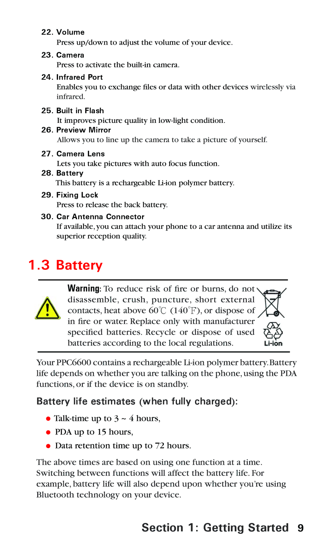 Audiovox PPC 6600 manual Battery life estimates when fully charged 