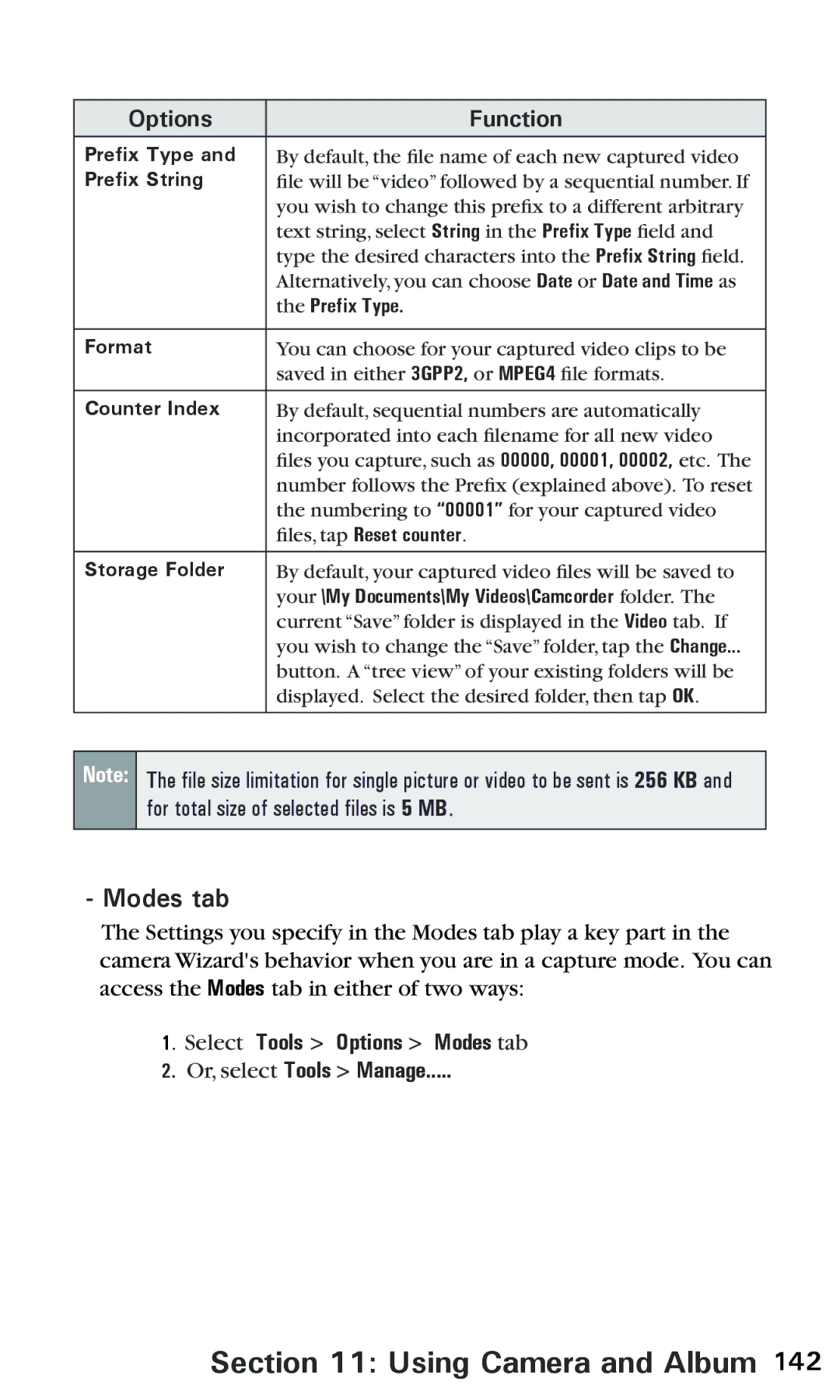 Audiovox PPC 6600 manual Options Function, Select Tools  Options  Modes tab Or, select Tools Manage 