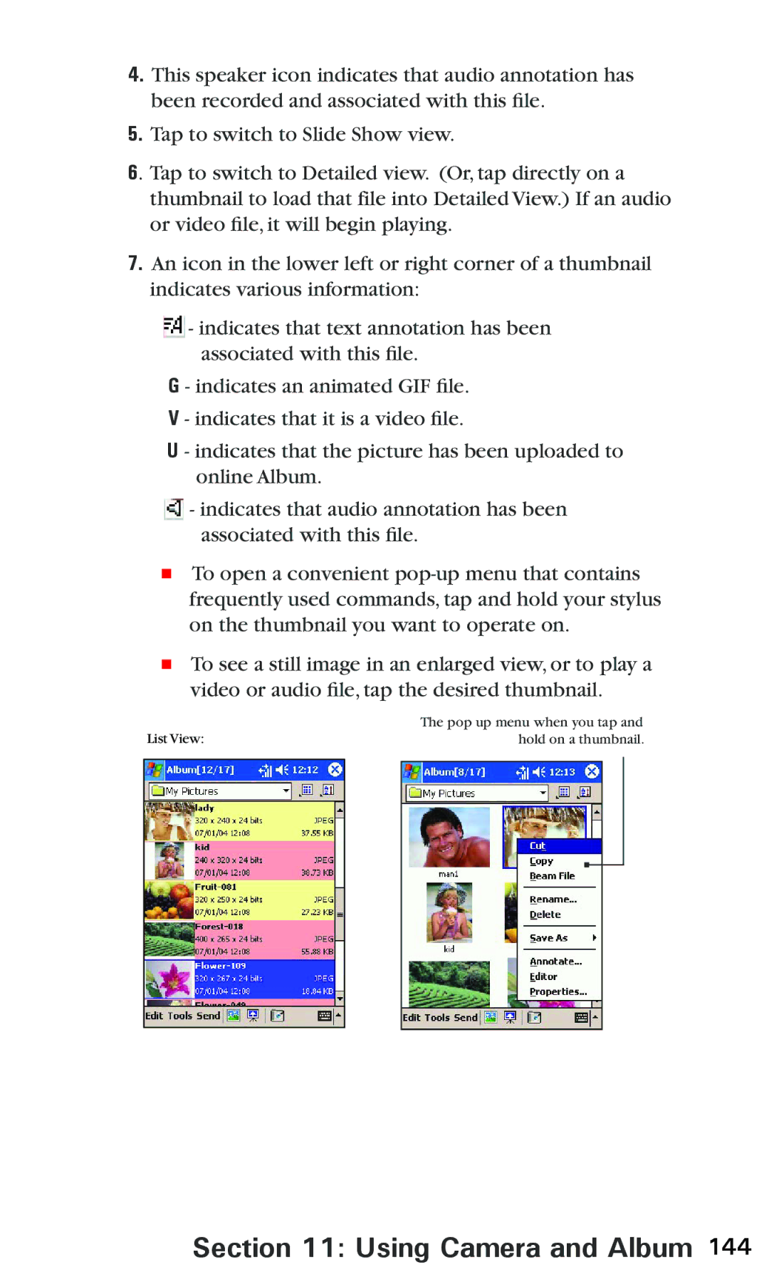 Audiovox PPC 6600 manual Pop up menu when you tap 