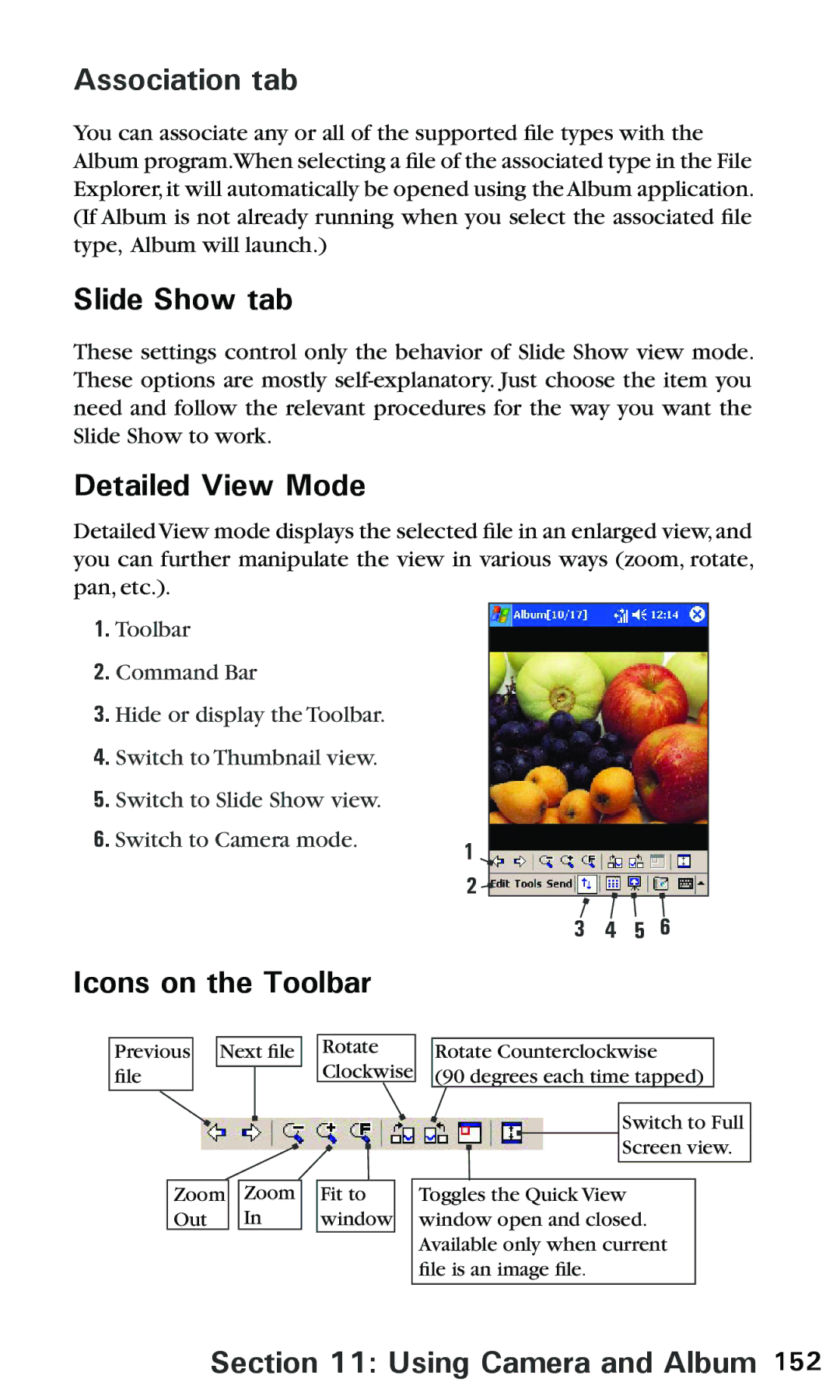 Audiovox PPC 6600 manual Association tab, Slide Show tab, Detailed View Mode, Icons on the Toolbar 