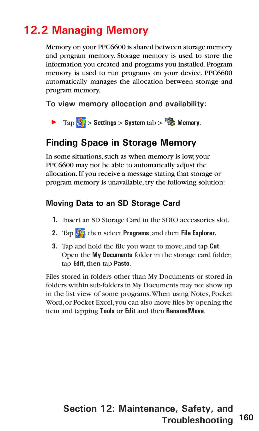 Audiovox PPC 6600 manual Managing Memory, Finding Space in Storage Memory, To view memory allocation and availability 