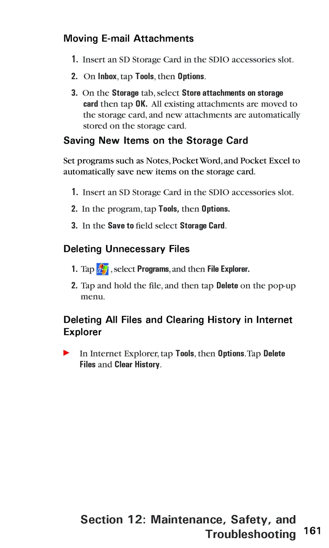 Audiovox PPC 6600 manual Moving E-mail Attachments, Saving New Items on the Storage Card, Deleting Unnecessary Files 