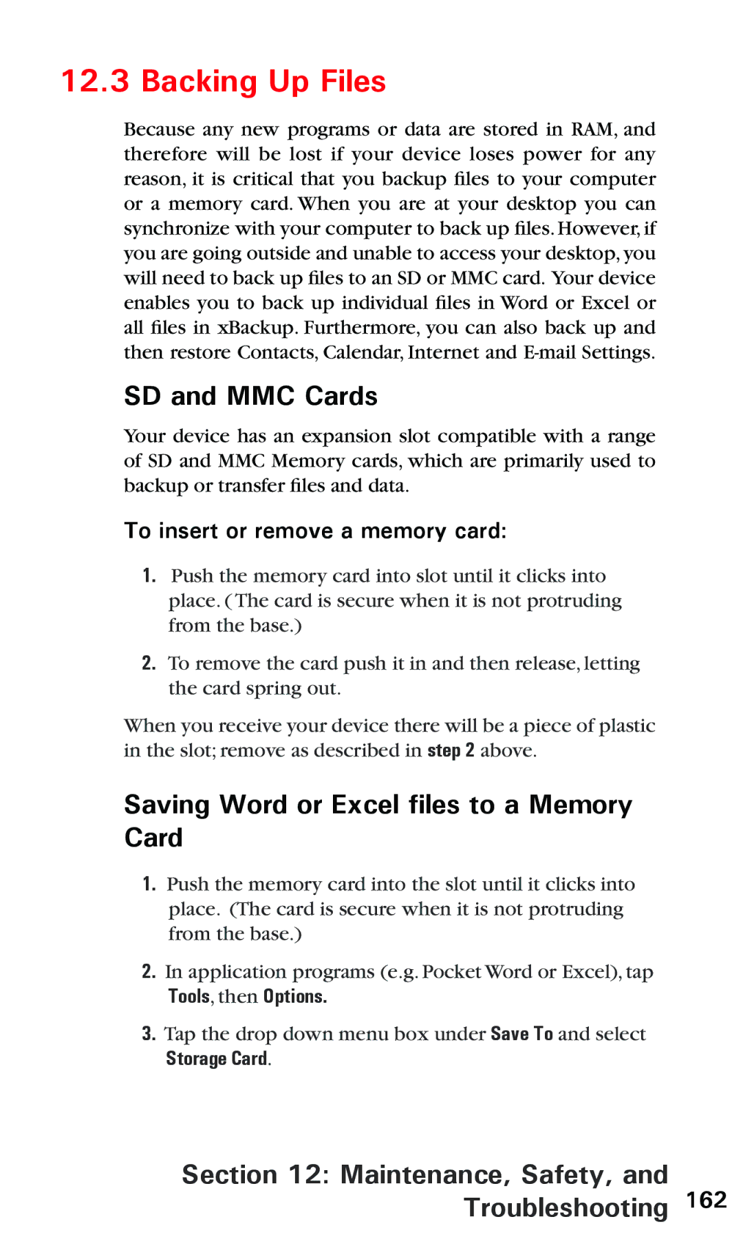 Audiovox PPC 6600 manual Backing Up Files, SD and MMC Cards, Saving Word or Excel files to a Memory Card 