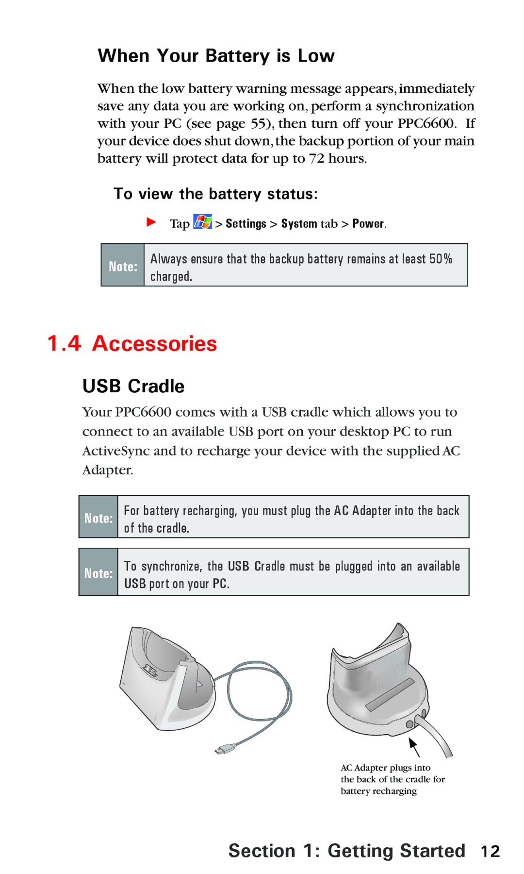 Audiovox PPC 6600 manual Accessories, When Your Battery is Low, USB Cradle, To view the battery status 