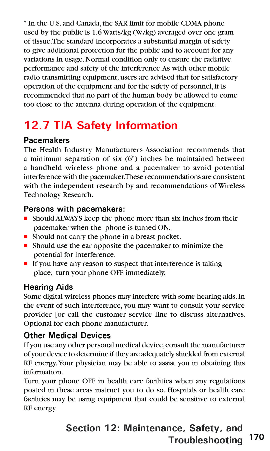 Audiovox PPC 6600 manual TIA Safety Information, Pacemakers, Persons with pacemakers, Hearing Aids, Other Medical Devices 